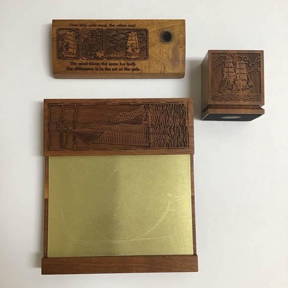 Walnut Desk SET Sailing Laser Engraved Note Pad Paper Clip Pen Holder Vintage - Picture 1 of 16